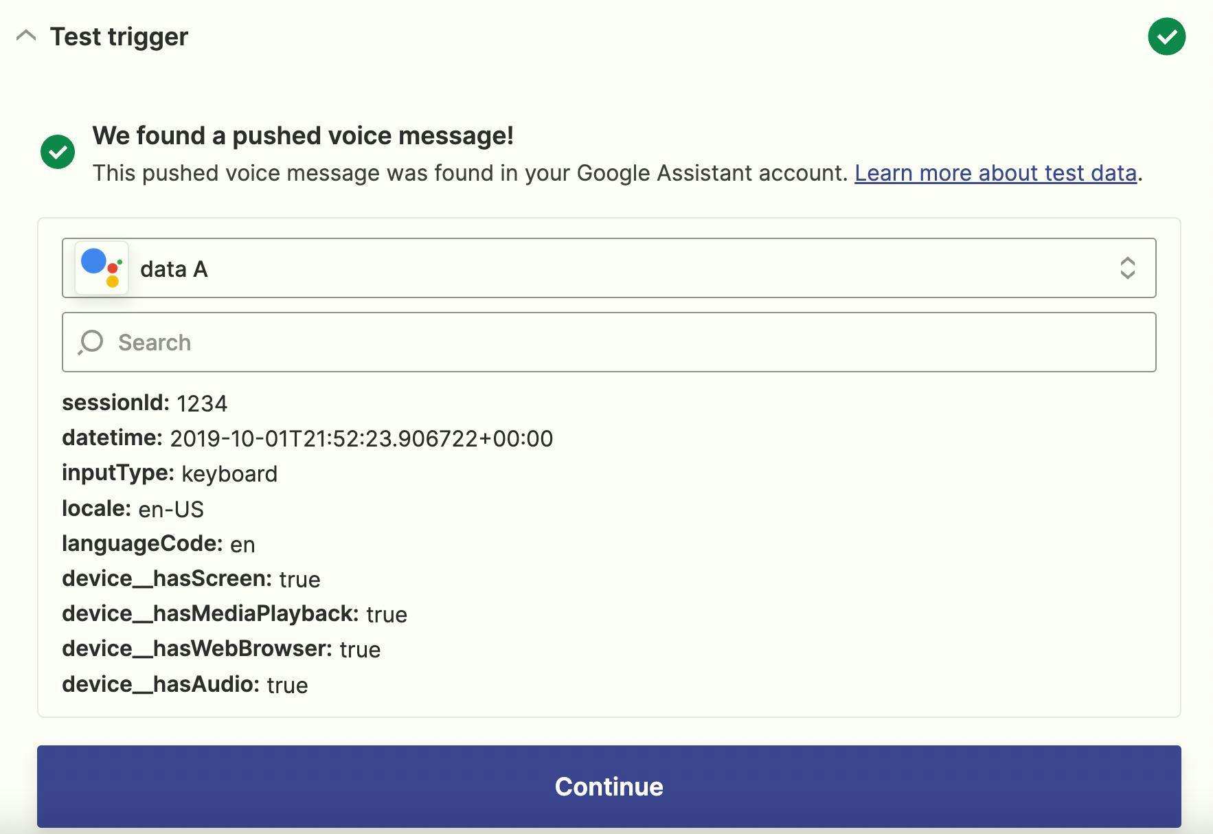 response after pushing voice message for google assistant on zapier