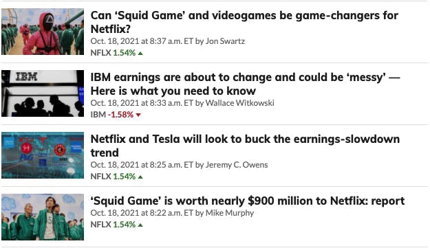 Screenshot of News Headlines from MarketWatch.com 