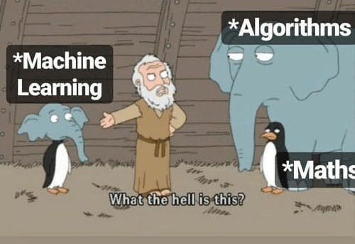 Biblical Noah questions elephant (algorithms) and penguin (maths) about their hybrid pengui-phant child (machine learning).